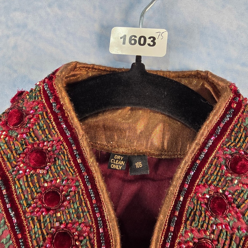 Mens Red Green Woven Kurta Tunic Embroidered Velvet Beadwork Traditional 105 - Picture 2 of 13
